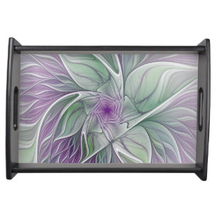 Flower Dream, Abstract Purple Green Fractal Art Serving Tray