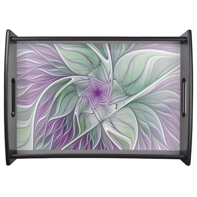 Flower Dream, Abstract Purple Green Fractal Art Serving Tray (Front)