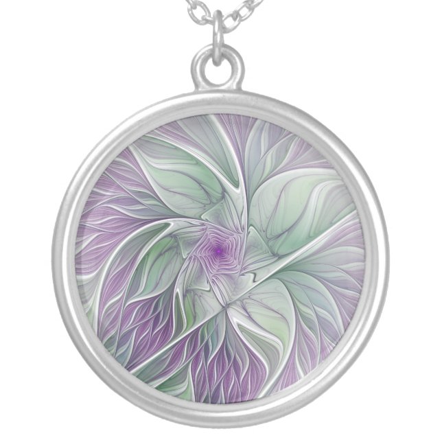 Flower Dream, Abstract Purple Green Fractal Art Silver Plated Necklace (Front)