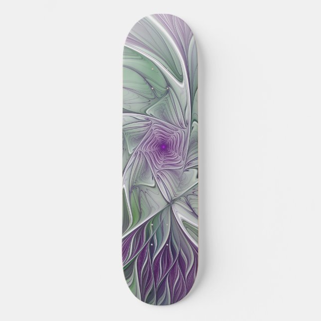 Flower Dream, Abstract Purple Green Fractal Art Skateboard Deck (Front)