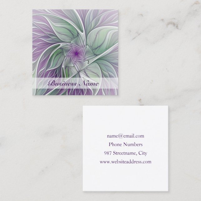 Flower Dream, Abstract Purple Green Fractal Art Square Business Card (Front/Back)