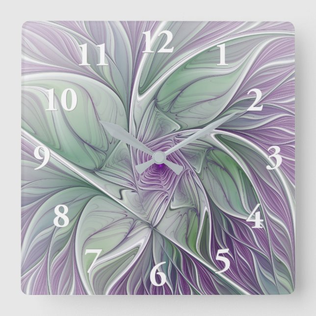 Flower Dream, Abstract Purple Green Fractal Art Square Wall Clock (Front)