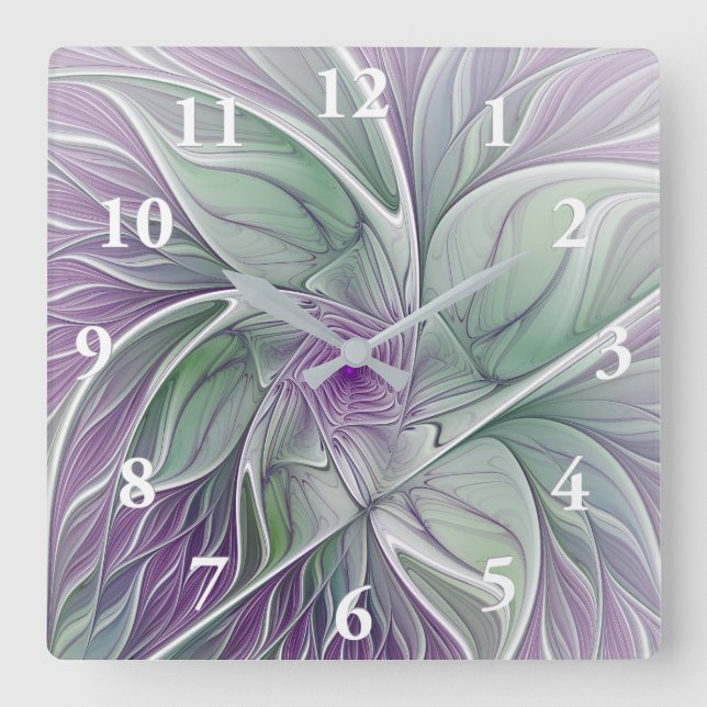 Flower Dream, Abstract Purple Green Fractal Art Square Wall Clock (Front)
