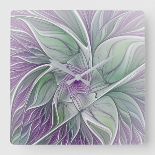 Flower Dream Abstract Purple Green Fractal Art Square Wall Clock