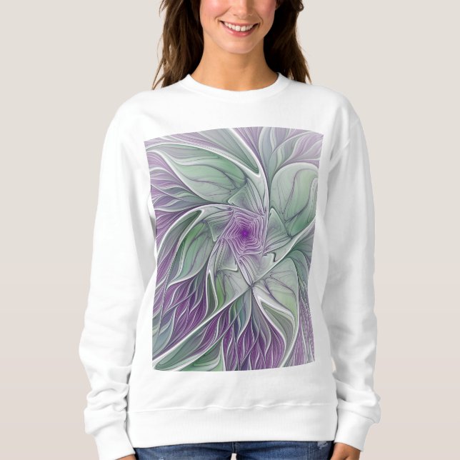 Flower Dream, Abstract Purple Green Fractal Art Sweatshirt (Front)