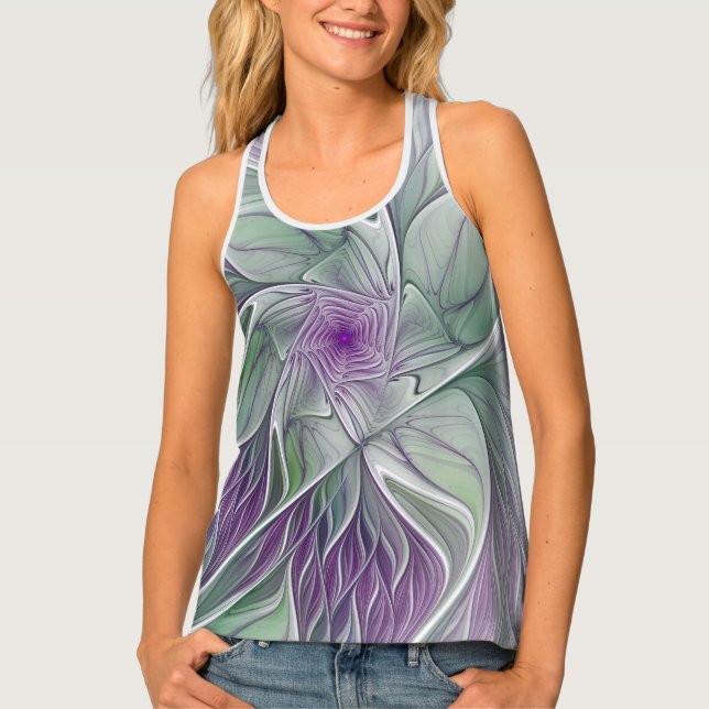 Flower Dream, Abstract Purple Green Fractal Art Tank Top (Front)