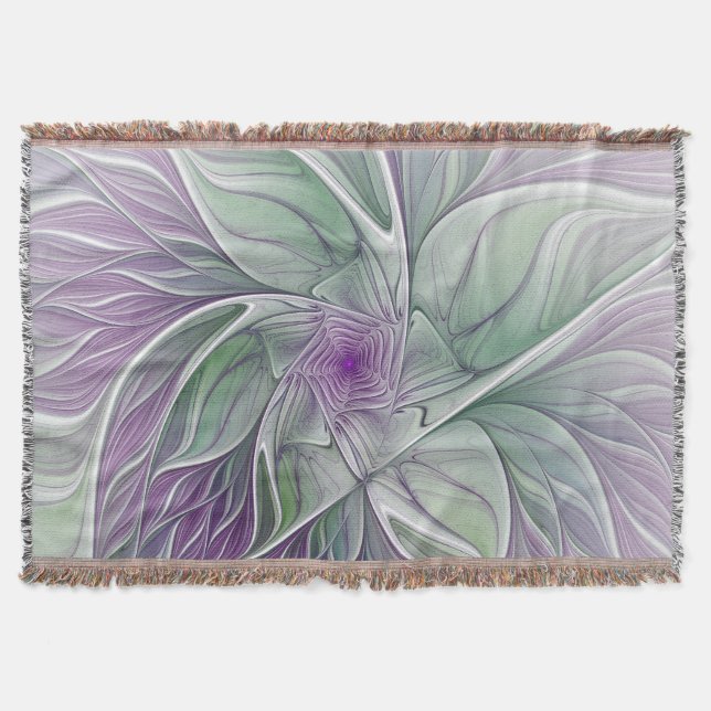 Flower Dream, Abstract Purple Green Fractal Art Throw Blanket (Front)