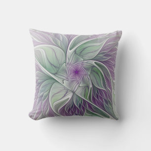 Flower Dream, Abstract Purple Green Fractal Art Throw Pillow