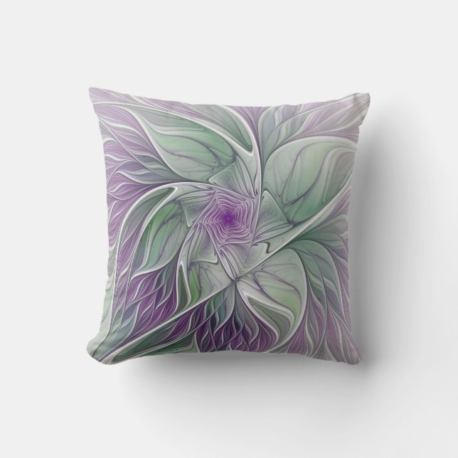 Flower Dream, Abstract Purple Green Fractal Art Throw Pillow (Front)