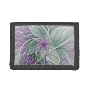 Flower Dream, Abstract Purple Green Fractal Art Tri-fold Wallet