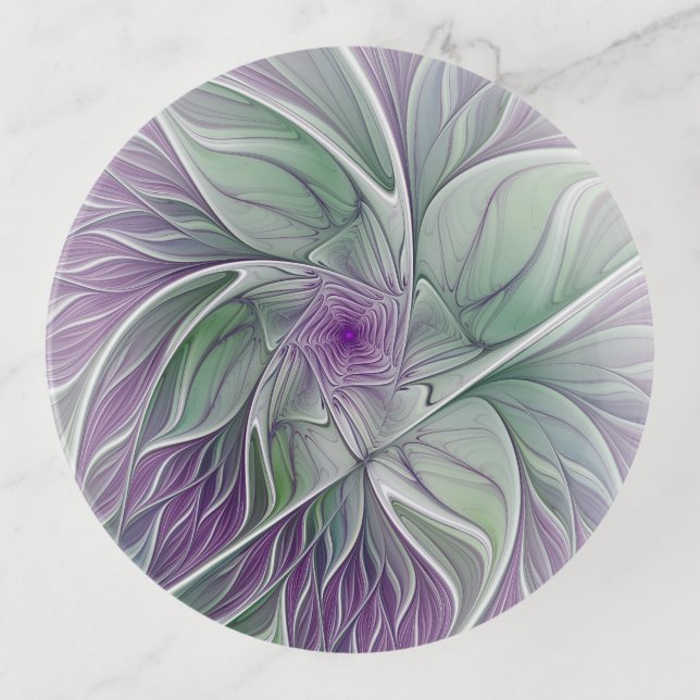 Flower Dream, Abstract Purple Green Fractal Art Trinket Tray (Front)