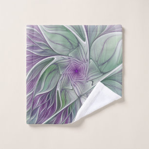 Flower Dream, Abstract Purple Green Fractal Art Wash Cloth
