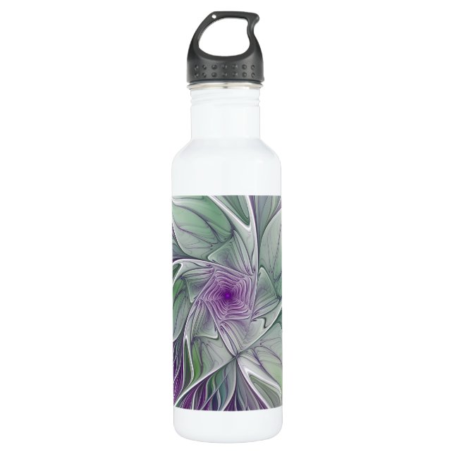 Flower Dream, Abstract Purple Green Fractal Art Water Bottle (Front)