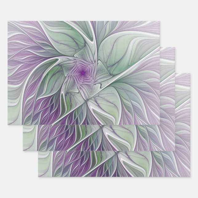 Flower Dream, Abstract Purple Green Fractal Art Wrapping Paper Sheets (Set)