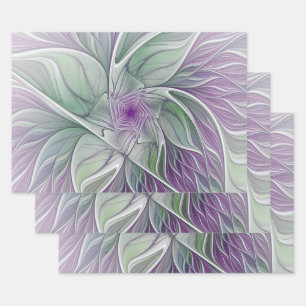 Flower Dream, Abstract Purple Green Fractal Art Wrapping Paper Sheets