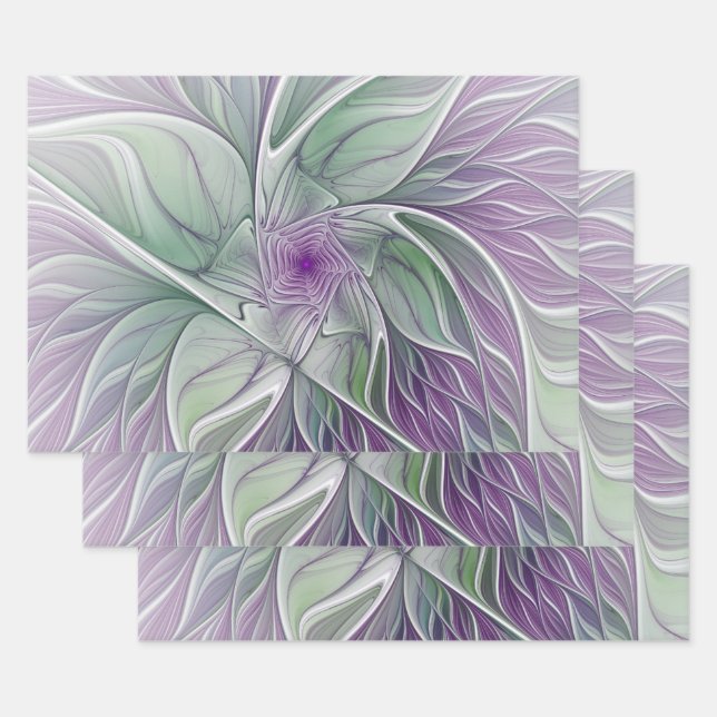 Flower Dream, Abstract Purple Green Fractal Art Wrapping Paper Sheets (Set)