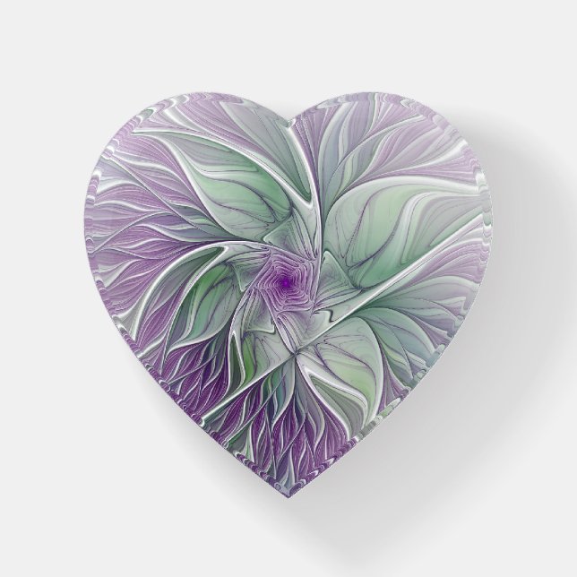 Flower Dream, Abstract Purple Green Fractal Heart Paperweight (Front)