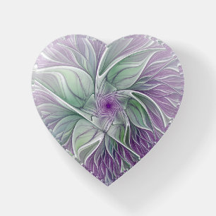 Flower Dream, Abstract Purple Green Fractal Heart Paperweight