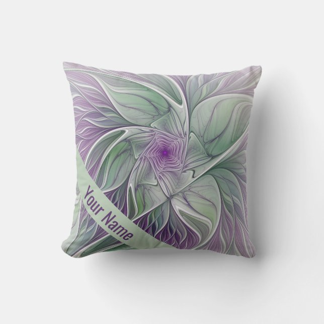 Flower Dream, Abstract Purple Green Fractal Name Throw Pillow (Front)
