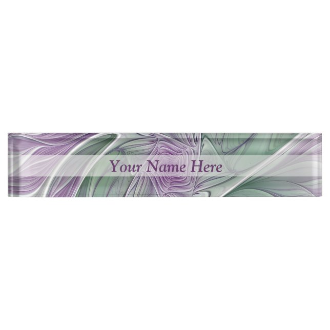 Flower Dream, Abstract Purple Green Fractal Text Desk Name Plate (Front)