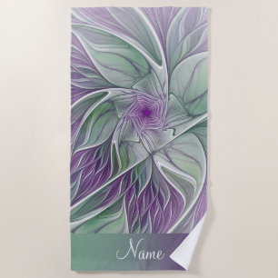 Flower Dream, Name, Abstract Purple Green Fractal Beach Towel