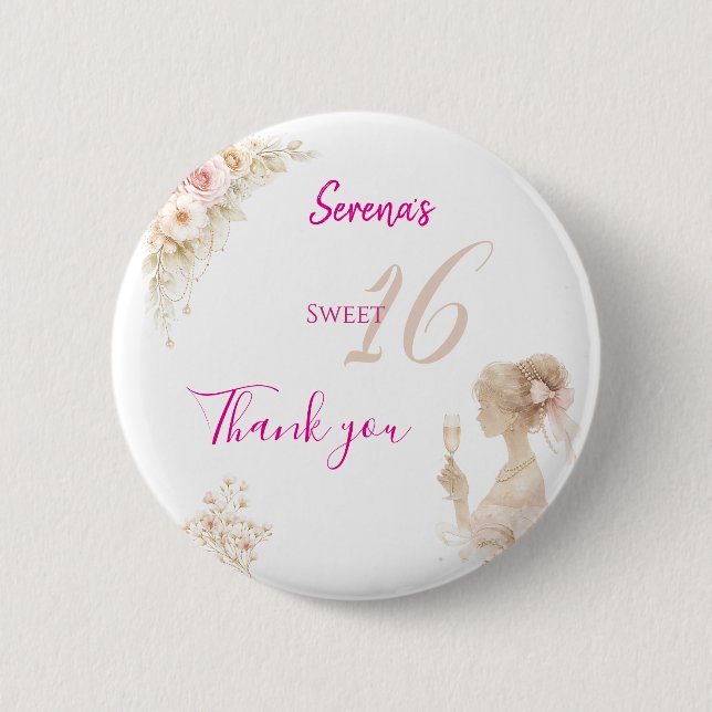 Flower Dreamy Soft Sweet 16 Birthday Button Pin (Front)