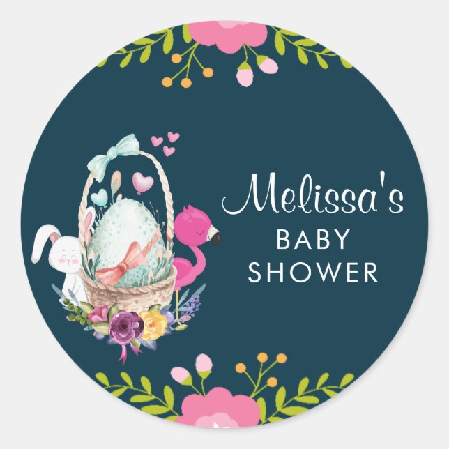 Flower, Egg, Flamingo Baby Shower Classic Round Sticker (Front)