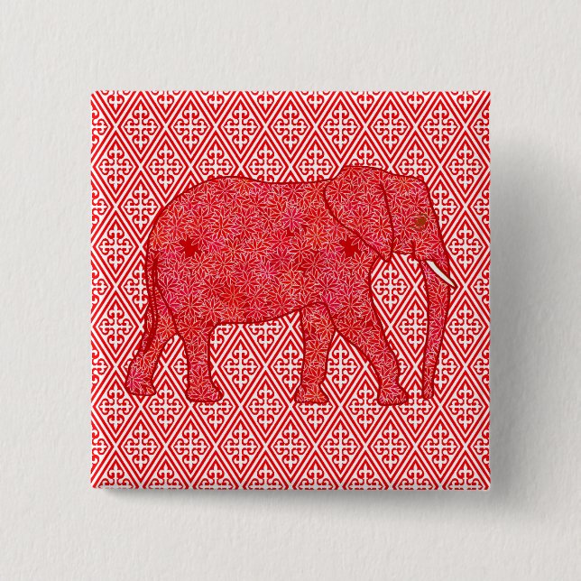 Flower elephant - deep red and coral pinback button (Front)