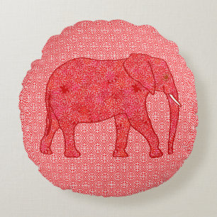 Flower elephant - deep red and coral round pillow