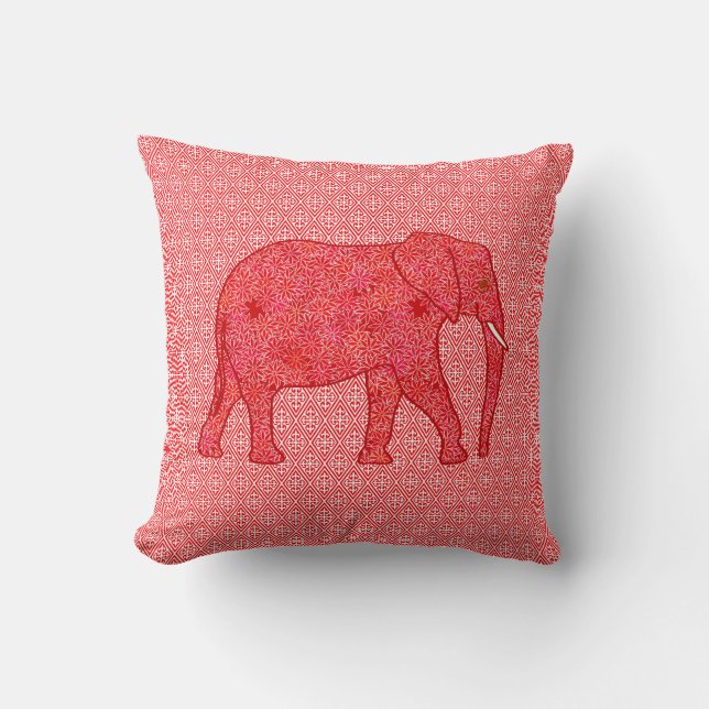 Flower elephant - deep red and coral throw pillow (Front)