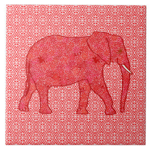 Flower elephant - deep red and coral tile