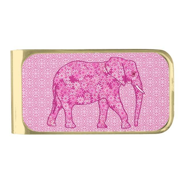 Flower elephant - fuchsia pink gold finish money clip (Front)