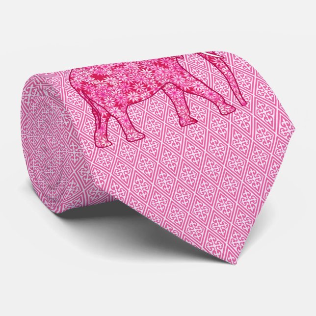Flower elephant - fuchsia pink neck tie (Rolled)