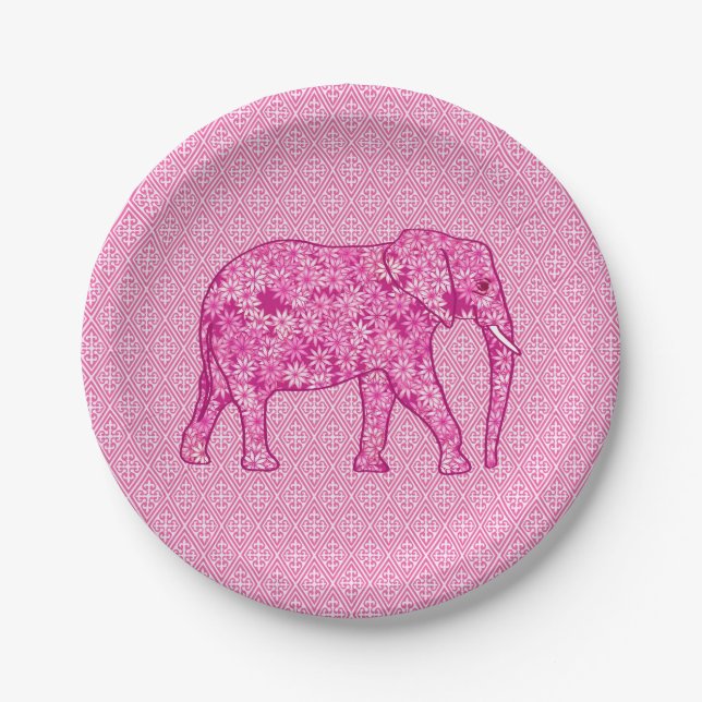 Flower elephant - fuchsia pink paper plates (Front)