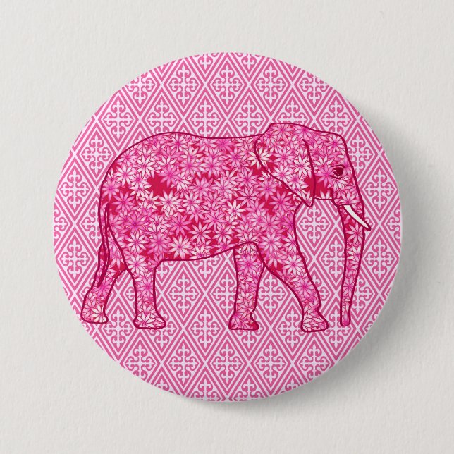 Flower elephant - fuchsia pink pinback button (Front)