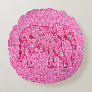 Flower elephant - fuchsia pink round pillow