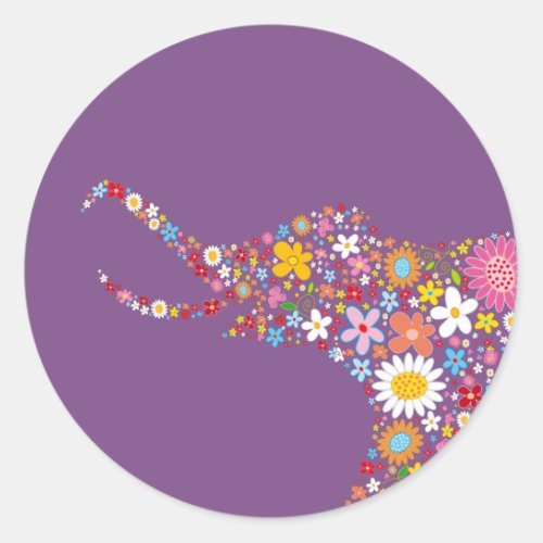 Flower Elephant Purple Background Classic Round Sticker