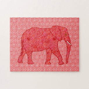Flower Elephant Red and White  Jigsaw Puzzle