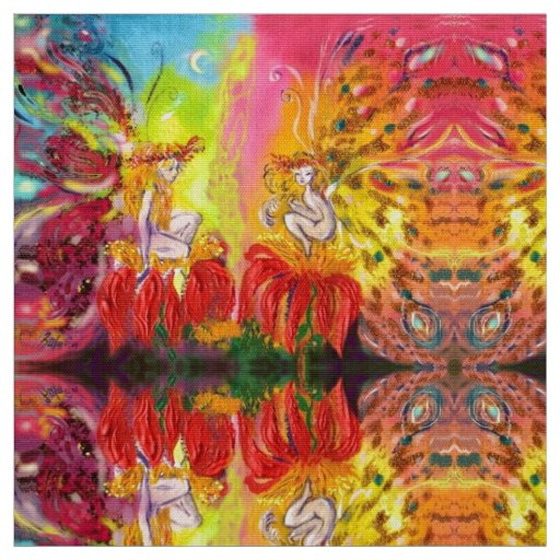 FLOWER FAIRIES OF DAWN Red Yellow Fantasy Fabric