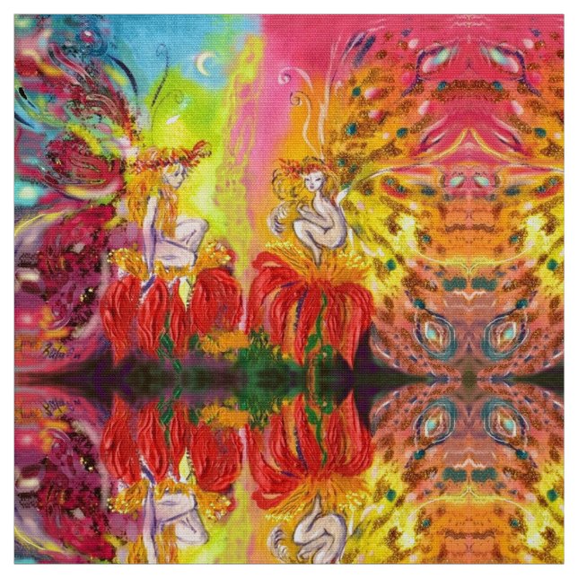 FLOWER FAIRIES OF DAWN Red Yellow Fantasy Fabric (Swatch)
