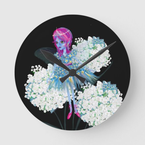 Flower Fairy Art by LeahG blue pink black white Round Clock