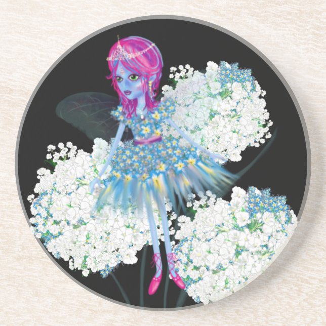 Flower Fairy Art by LeahG blue pink black white Sandstone Coaster (Front)