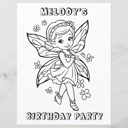Flower fairy birthday party coloring activity (Front)