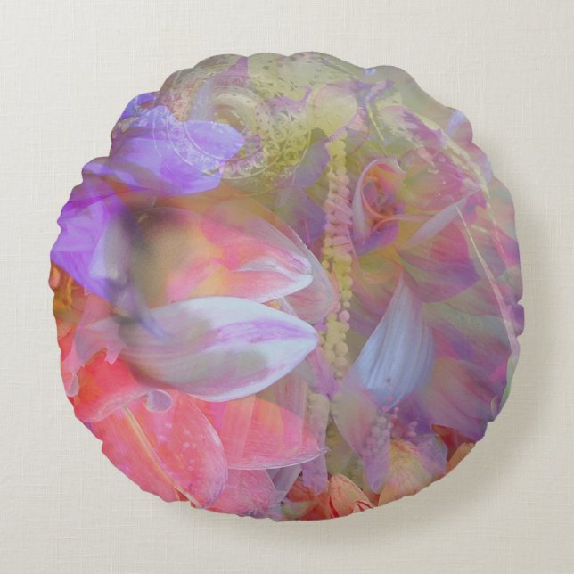 Flower Fairy Double Exposure Fantasy Art Round Pillow (Front)