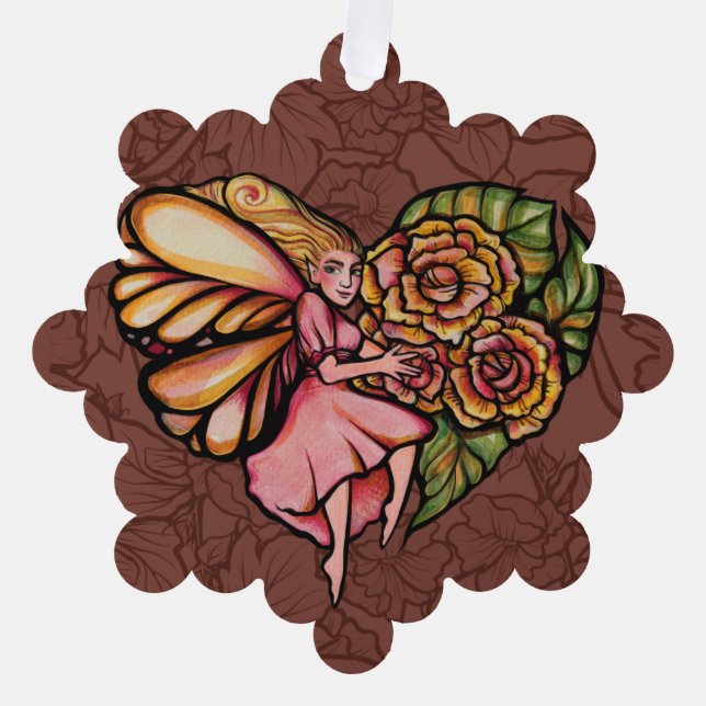 Flower Fairy Garden Heart Flowers Fairies          Ornament Card (Front)