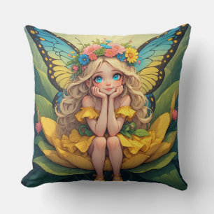 Flower Fairy Girl Sitting On Bloom For Magic Days Throw Pillow