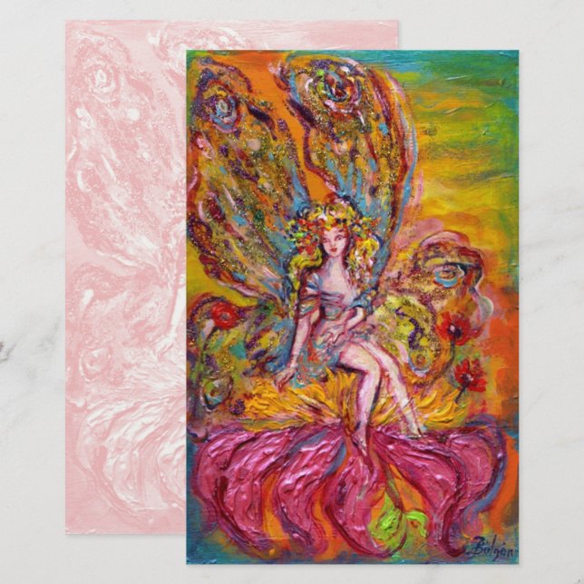 FLOWER FAIRY ON IRIS Pink Fantasy Stationery (Front/Back)