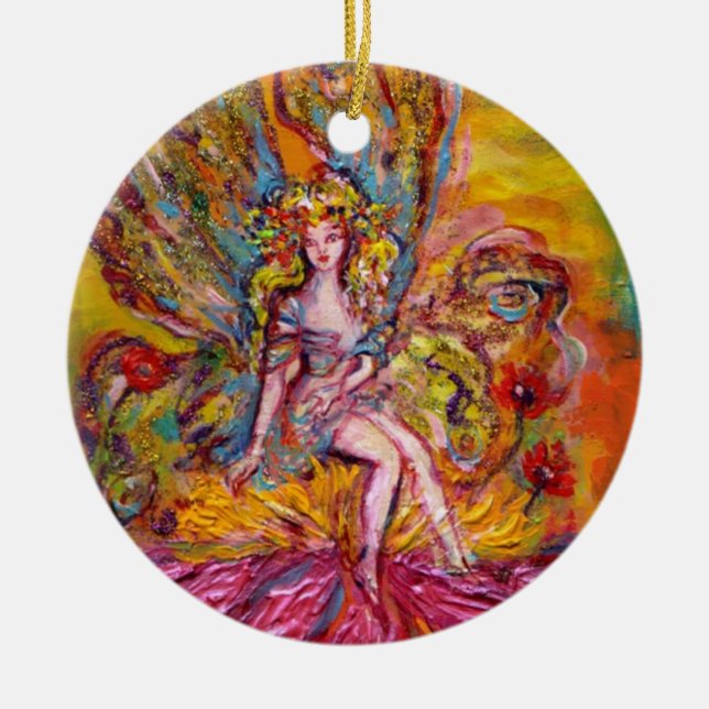 FLOWER FAIRY ON PINK IRIS Purple Gemstone Fantasy Ceramic Ornament (Front)