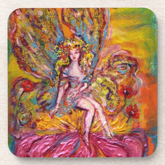 FLOWER FAIRY ON THE PINK IRIS Fantasy Beverage Coaster (Front)