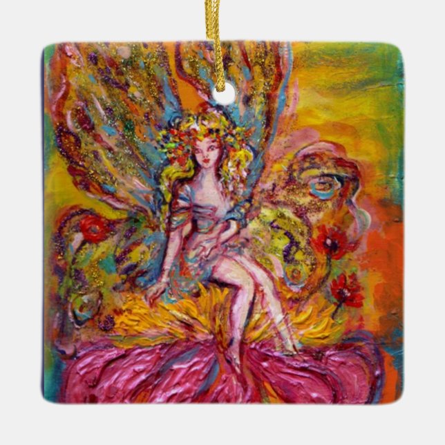 FLOWER FAIRY ON THE PINK IRIS Fantasy Ceramic Ornament (Front)